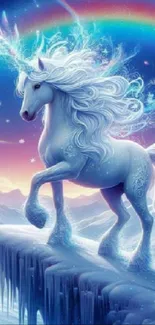 Beautiful unicorn with rainbow and icy landscape wallpaper.