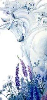 Ethereal unicorn with blue flowers in fantasy art wallpaper.