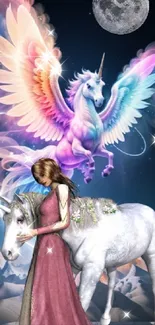 Ethereal unicorn fantasy with colorful wings under a mystical night sky.