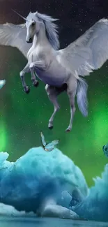 Majestic unicorn flies over icy landscape with auroras.