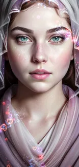 Ethereal portrait with veil in soft lavender hues.