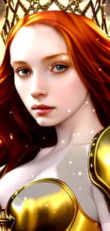 Fantasy warrior princess in golden armor with red hair, digital art.