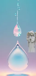 Ethereal mobile wallpaper with water droplet and angel statue.