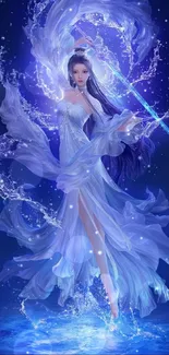 Blue ethereal water goddess in flowing robes with magical water swirls.