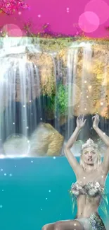 Ethereal fantasy art with waterfall and mystical figure in vibrant hues.