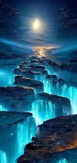 Ethereal glowing waterfall beneath a moonlit sky with vibrant blue hues.