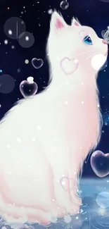 Ethereal white cat with cosmic backdrop and floating hearts.