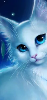 Ethereal white cat with blue eyes in fantasy setting.