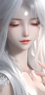 Ethereal anime character with white hair and serene expression.