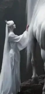 Woman in white dress with a white horse