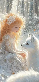 Enchanting winter fairy with fox in snow.