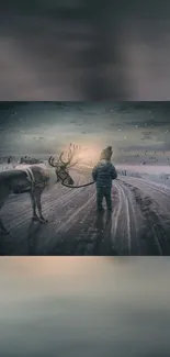 Child and reindeer on snowy path in winter wonderland.