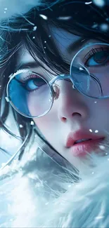 Ethereal winter portrait with snowflakes and glasses in cool blue tones.