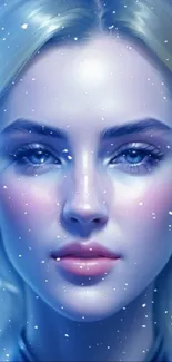 Ethereal winter portrait with snowflakes on a serene face.