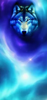 Ethereal wolf face amid swirling blue galaxy.