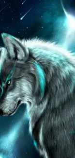 Majestic wolf with cyan highlights in a cosmic galaxy background.