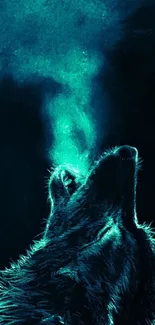 Mystical neon blue wolf glowing in the dark.