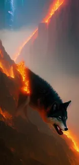 Mystical wolf traverses a fiery canyon in vibrant artwork.