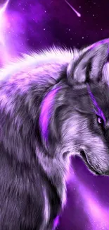 Majestic wolf in a vibrant purple nebula scene, perfect for mobile display.