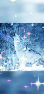 Howling wolf under a starry sky with ethereal sparkles.