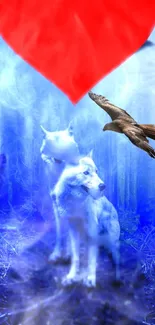 Ethereal wolves in blue forest with a red heart overhead and a bird flying.