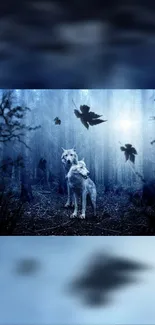 Two wolves in a mystical forest with a blue ethereal backdrop.