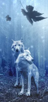 Wolves in a mystical, blue-lit forest with falling leaves.