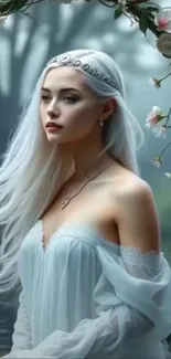 Ethereal woman with long white hair by a lake, framed by flowers.