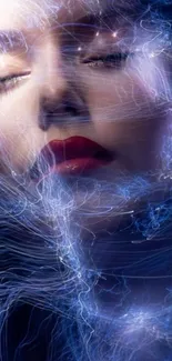 Dreamlike woman in ethereal blue digital art, eyes closed.