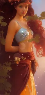 Fantasy woman with auburn hair and floral crown in serene nature setting.