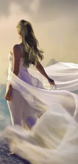 Ethereal woman in flowing gown under dreamy sky.