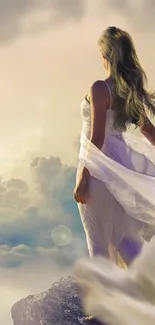 Ethereal woman in flowing dress surrounded by clouds.