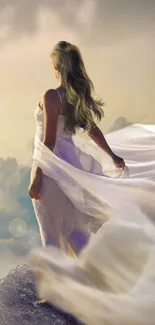 Ethereal woman standing on clouds with flowing dress and hair.