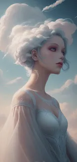 Artistic wallpaper of woman with cloud-like hair in a serene sky.