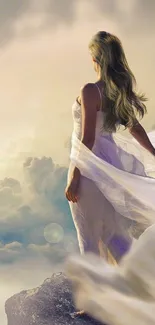 Ethereal woman in white dress standing among clouds, creating a serene scene.