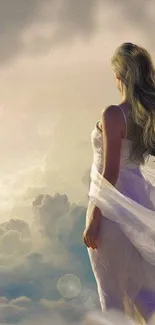 Ethereal woman gazes into cloudy horizon.