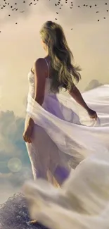 Ethereal woman in white dress with misty sky and serene landscape.