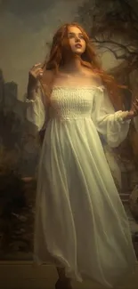 Woman in a flowing white dress stands in an ethereal, artistic setting.