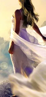 A serene woman in a flowing white dress with clouds in the background.