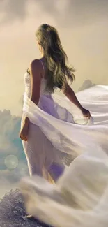 Ethereal woman in flowing dress overlooking serene landscape.