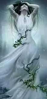 Ethereal woman in white gown with mystical vines on a serene background.