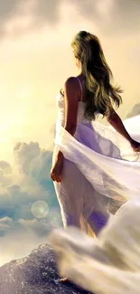 Ethereal woman on cliff with flowing dress in a serene sky.