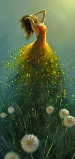 Woman in nature art with dandelions and ethereal light.