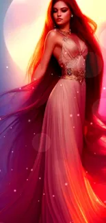 Elegant woman in flowing pink gown with vibrant colorful background.