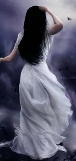 Woman standing in flowing white dress against a mystical purple night sky.