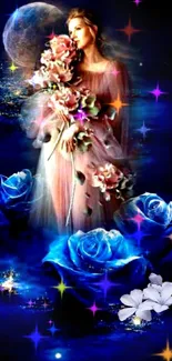 Ethereal woman with blue roses and moonlit background.