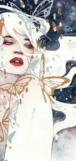 Ethereal woman with butterflies in galaxy backdrop.