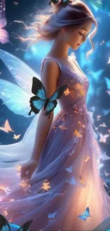 Ethereal woman surrounded by luminous butterflies in a dreamy scene.