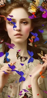 Woman surrounded by colorful butterflies in a lush field.