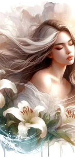 Ethereal woman with flowing hair surrounded by blooming lilies.